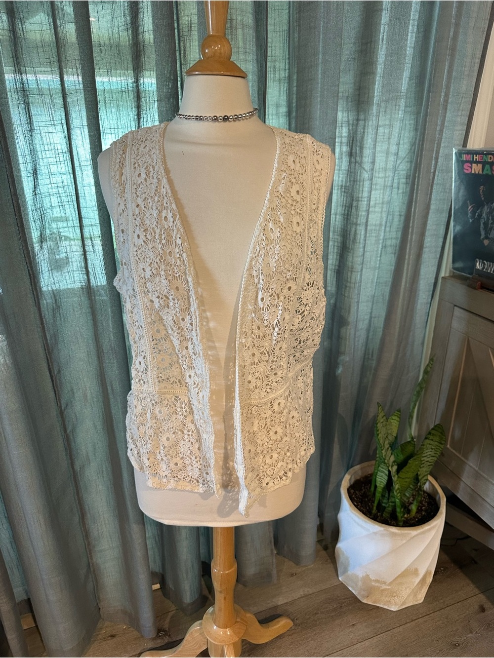 J. Jill Cream Crochet Open-Front Vest
